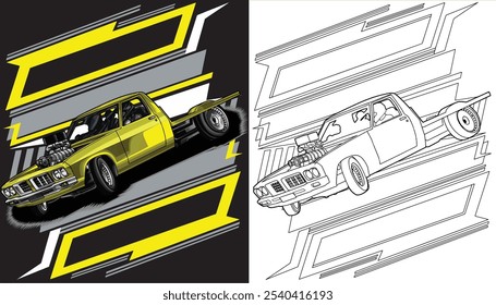 Outline yellow and painted racing car. Isolated in white background, for t-shirt design, print, and for business purposes.