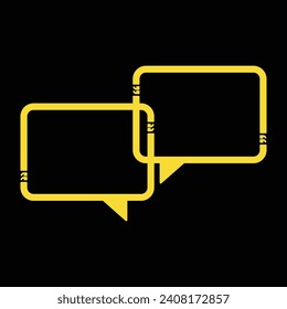 Outline yellow two speech bubbles with quotes inside isolated on black background