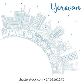 Contorno de Ereván Armenia horizonte de la ciudad con edificios azules y Espacio para texto. Ilustración vectorial. Paisaje urbano de Ereván con Lugares famosos. Concepto de viajes de negocios y turismo con arquitectura histórica.