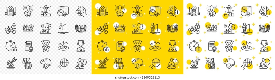 Outline Yoga balance, Bicycle lockers and Fishing float line icons pack for web with Winner cup, Leadership, Fisherman line icon. Basketball, Target goal, Arena stadium pictogram icon. Vector