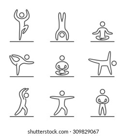 Outline Yoga Icons Set. Linear Figure Yogis. Line Art Sport Symbols