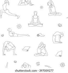 Outline yoga poses pattern. Background yoga line illustration. Yoga postures isolated