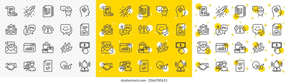 Outline Yoga, Recruitment and Warning line icons pack for web with Shopping, Startup rocket, Smile face line icon. Approved checklist, Approved document, Consulting pictogram icon. Vector