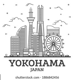 Outline Yokohama Japan City Skyline with Modern Buildings Isolated on White. Vector Illustration. Yokohama Cityscape with Landmarks.