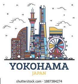 Outline Yokohama Japan City Skyline with Modern Colored Buildings Isolated on White. Vector Illustration. Yokohama Cityscape with Landmarks.