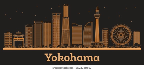 Outline Yokohama Japan City Skyline with orange Buildings. Vector Illustration. Business Travel and Concept with Modern Architecture. Yokohama Cityscape with Landmarks.