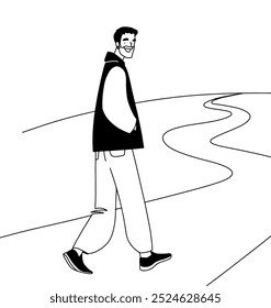 Esboza a un joven encantador y alegre caminando por la carretera y mirando hacia atrás. Ilustración vectorial