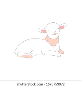 Outline young easter lamb. Traditional holiday baby animal isolated. Hand drawn cartoon sheep lying. Cute spring animal character. Happy easter day design. Editable stroke. Flat vector illustration