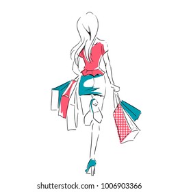 Outline of young girl in full length with shopping bags. Fashion color  illustration. Sketch, hand drawing.