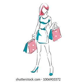 Outline of young girl in full length with shopping bags. Fashion color  illustration. Sketch, hand drawing.