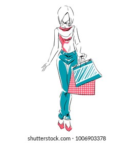 Outline of young girl in full length with shopping bags. Fashion color  illustration. Sketch, hand drawing.