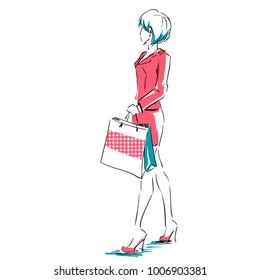 Outline of young girl in full length with shopping bags. Fashion color  illustration. Sketch, hand drawing.