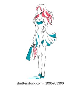 Outline of young girl in full length with shopping bags. Fashion color  illustration. Sketch, hand drawing.