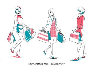 Outline of young girls in full length with shopping bags. Set of  fashion color illustrations. Sketch, hand drawing by black lines.