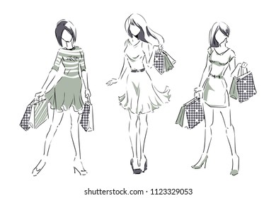 Outline of young girls in full length with shopping bags. Set of  fashion color illustrations. Sketch, hand drawing by black lines.