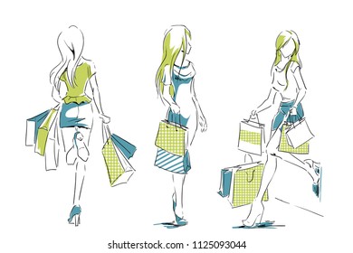 Outline of young girls in full length with shopping bags. Set of  fashion color illustrations. Sketch, hand drawing by black lines.