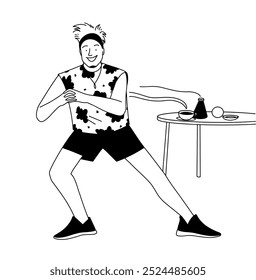 Outline, young man energetically exercising at home, doing a stretch. Vector illustration