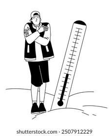 Outline, young man shivering while standing in the snow, with glaciers and a thermometer. Vector illustration