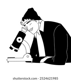 Un joven científico, estudiante mirando a través de un microscopio. Ilustración vectorial