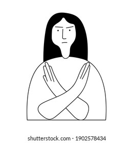 Outline of young woman showing stop sign, crossed hands. Icon Illustration on white background.