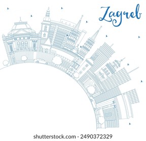 Outline Zagreb Croatia City Skyline with Blue Buildings and Copy Space. Vector Illustration. Zagreb Cityscape with Landmarks. Business Travel and Tourism Concept with Historic Architecture.