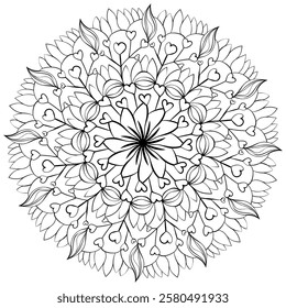 Outline Zen Mandala with Doodle Hearts and Petals, Meditative Coloring Page Vector Illustration for Kids and Adults for Valentine's Day