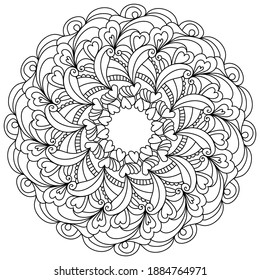 Outline zen mandala of patterns and hearts, Valentine's Day coloring page in the shape of a round anti stress frame illustration