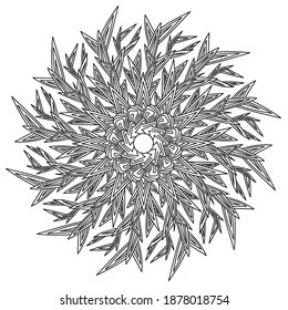 Esbozo de copo de nieve mandala zen con esquinas y espinas nítidas, página de colorante de antiestrés de invierno con estampado helado, ilustración vectorial
