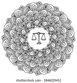 Outline zen mandala with zodiac sign libra in the center, doodle antistress coloring page with curls and waves, vector illustration for design and creativity