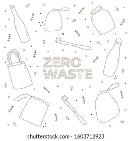 outline zero waste elements. Hand-drawn eco lifestyle objects. Vector coloring. Isolated on white background. 