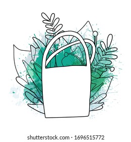 Contorno a los elementos de basura cero con hojas verdes y salpicaduras de color verde. Ilustración de la bolsa de material ecológico con follaje. Elemento vectorial para tarjeta de saludo, banner y tu creatividad