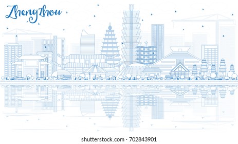 Outline Zhengzhou China Skyline with Blue Buildings and Reflections. Vector Illustration. Business Travel and Tourism Concept with Modern Architecture.