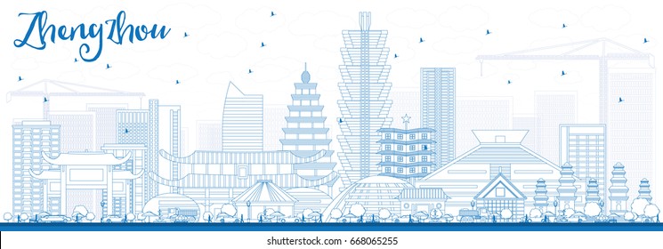 Outline Zhengzhou Skyline with Blue Buildings. Vector Illustration. Business Travel and Tourism Concept with Modern Architecture. Image for Presentation Banner Placard and Web Site.