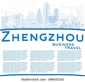 Outline Zhengzhou Skyline with Blue Buildings and Copy Space. Vector Illustration. Business Travel and Tourism Concept with Modern Architecture. Image for Presentation Banner Placard and Web Site.