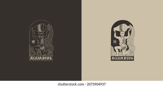 Outline zodiac sign Aquarius. Astrological symbol. Horoscope. Set of two variants of logos on a dark and light background
