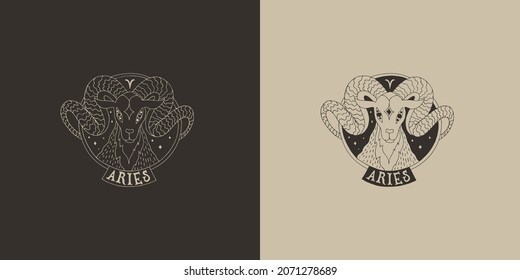 Outline zodiac sign Aries. Astrological symbol. Horoscope. Set of two variants of logos on a dark and light background