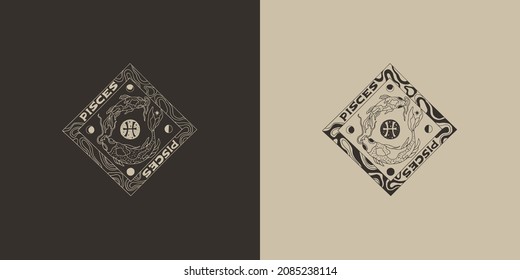 Outline zodiac sign Рisces. Astrological symbol. Horoscope. Set of two variants of logos on a dark and light background