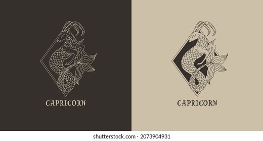 Outline zodiac sign Capricorn. Astrological symbol. Horoscope. Set of two variants of logos on a dark and light background