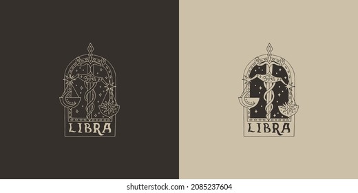 Outline zodiac sign Libra. Astrological symbol. Horoscope. Set of two variants of logos on a dark and light background