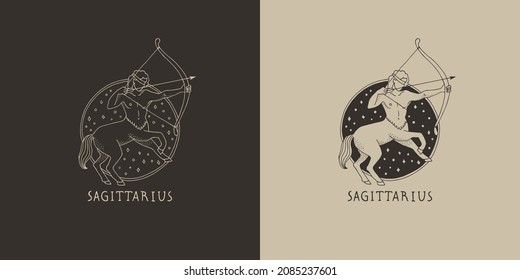 Símbolo de contorno de signo zodiaco Sagittarius. Símbolo astrológico. Horóscopo. Conjunto de dos variantes de logos en un fondo oscuro y claro