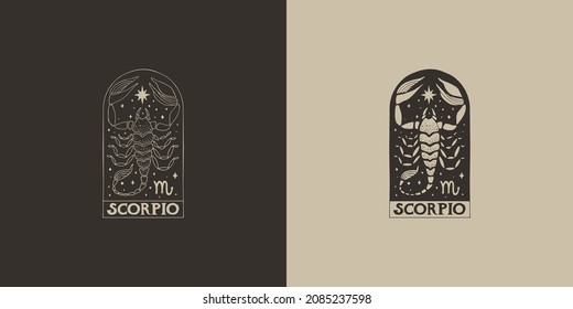 Outline zodiac sign Scorpio. Astrological symbol. Horoscope. Set of two variants of logos on a dark and light background