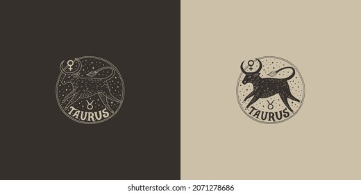 Outline zodiac sign Taurus. Astrological symbol. Horoscope. Set of two variants of logos on a dark and light background