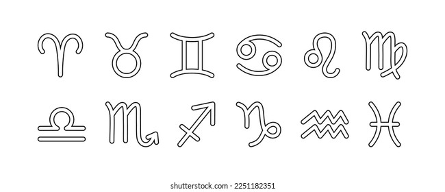 Outline zodiac signs set, astrological symbols of twelve zodiacal constellations. Vector illustrations, isolated on white background. Horoscope elements and celestial black line art icons.