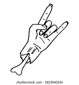 Outline zombie hand on white isolated backdrop. Rock n roll symbol for invitation or gift card, notebook, bath tile, scrapbook. Phone case or cloth print art. Doodle style stock vector illustration