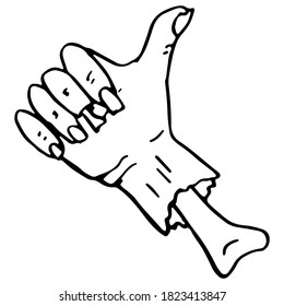 Outline zombie hand on white isolated backdrop. Thumbs up symbol for invitation or gift card, notebook, bath tile, scrapbook. Phone case or cloth print art. Doodle style stock vector illustration