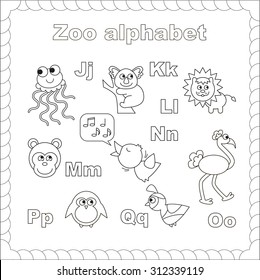 Outline zoo alphabet to be colored. Letters. Learn to read. Isolated. Jelly fish, jellyfish, koala, lion, monkey, nightingale, ostrich, penguin, quail