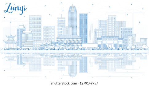 Outline Zunyi China City Skyline with Blue Buildings and Reflections. Vector Illustration. Business Travel and Tourism Concept with Modern Architecture. Zunyi Cityscape with Landmarks. 