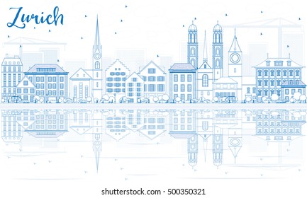 Outline Zurich Skyline with Blue Buildings and Reflection. Vector Illustration. Business Travel and Tourism Concept with Zurich Historic Architecture. Image for Presentation Banner Placard and Web.