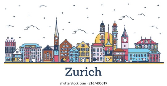 Outline Zurich Switzerland City Skyline with Colored Historic Buildings Isolated on White. Vector Illustration. Zurich Cityscape with Landmarks.