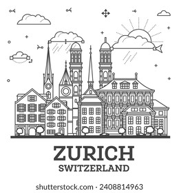 Outline Zurich Switzerland City Skyline with Modern and Historic Buildings Isolated on White. Vector Illustration. Zurich Cityscape with Landmarks.